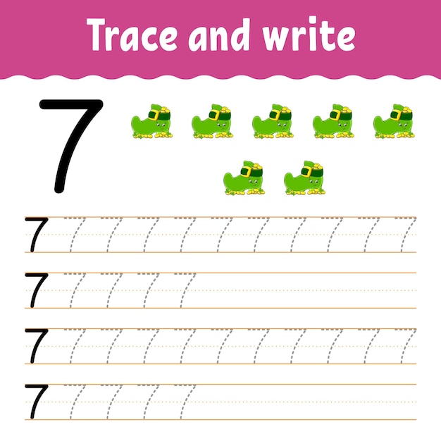 Aprender números Trazar y escribir Práctica de escritura a mano Números de aprendizaje para niños Hoja de trabajo de desarrollo educativo Página de actividad de color Ilustración vectorial