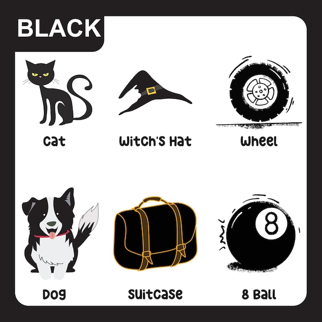 Aprendiendo el color negro para niños Listo para imprimir póster educativo o página Archivo vectorial