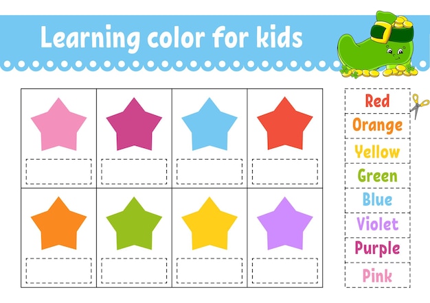 Aprendiendo color para niños Hoja de trabajo de desarrollo educativo Página de actividad con imágenes en color Adivinanza para niños