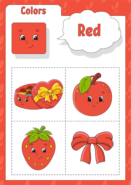 Aprendiendo colores. Color rojo. Flashcard para niños. Personajes de dibujos animados lindo