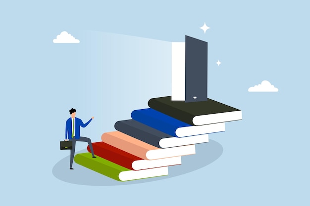 Aprendiendo para nuevas oportunidades El empresario sube una pila de libros Por la escalera para llegar a la oportunidad