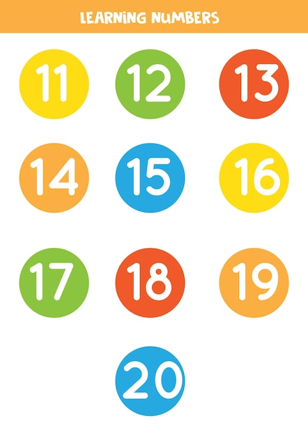 Aprendiendo los números del 11 al 20 en círculos de colores flashcards para niños en edad preescolar