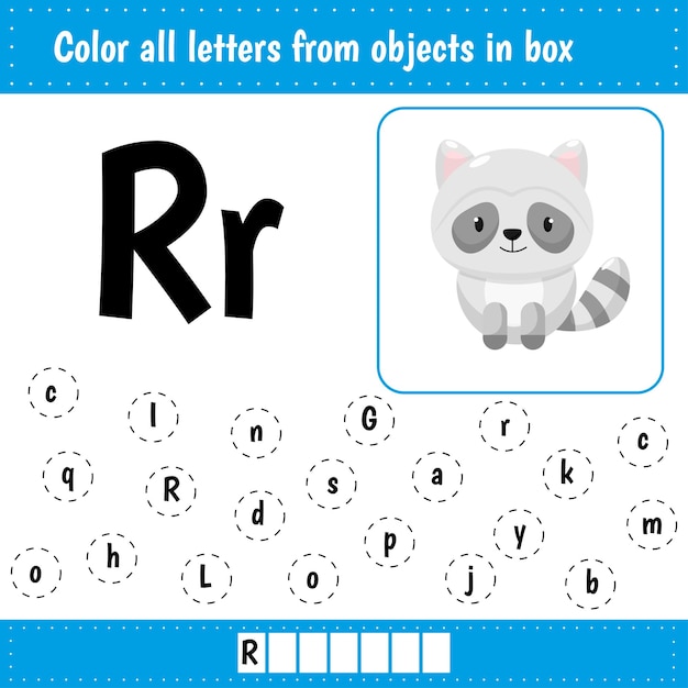 Aprendizaje del alfabeto inglés reconocimiento de letras letras de colores hoja de trabajo educativa para la escuela y el jardín de infantes mapache