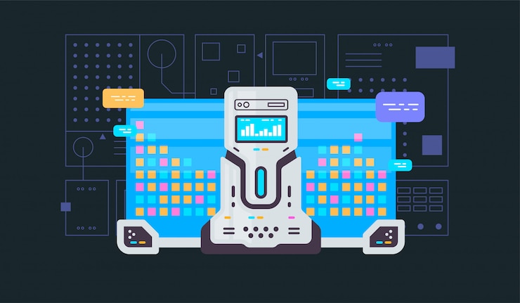 Vector aprendizaje automático, algoritmo, banner de vector de línea plana de inteligencia artificial con iconos aislados en azul
