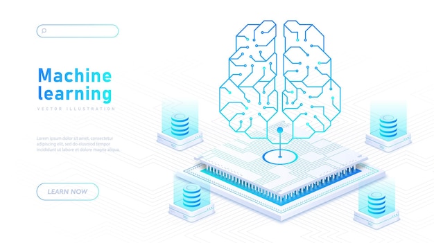 Aprendizaje automático banner blanco Servidor y circuito de esquema inteligencia artificial ai Diseño de página de inicio Big data cyber mind y cerebro digital Ilustración vectorial isométrica