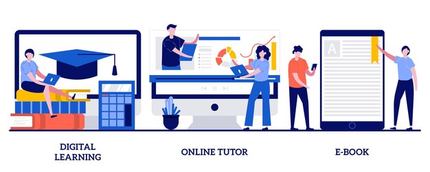 Aprendizaje digital, tutor en línea, concepto de libro electrónico con personas diminutas. Conjunto de graduación de escuela de Internet, servicio de profesor profesional, dispositivo de libro electrónico.