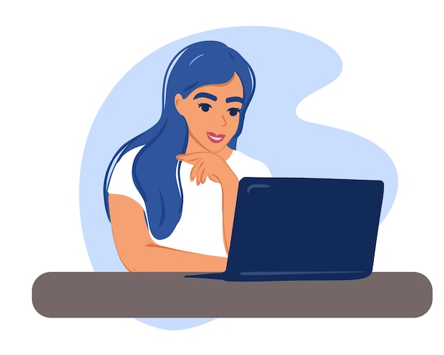 Vector aprendizaje a distancia educación y trabajo en línea mujer feliz niña trabajando en la oficina de forma remota usando una computadora portátil