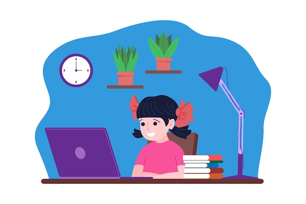 Aprendizaje a distancia en línea. El niño está estudiando con una computadora en línea desde casa. Concepto de regreso a la escuela. Ilustración de vector de estilo plano.
