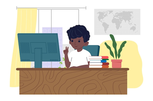 Aprendizaje a distancia en línea. El niño está estudiando con una computadora en línea desde casa. Concepto de regreso a la escuela. Ilustración de vector de estilo plano.