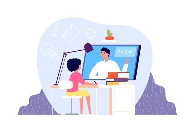 Aprendizaje a distancia. Niño estudiando en la computadora, educación en el hogar en línea para estudiantes. Profesor a distancia personal, concepto de vector absoluto de escuela virtual. Ilustración clase remota de educación informática