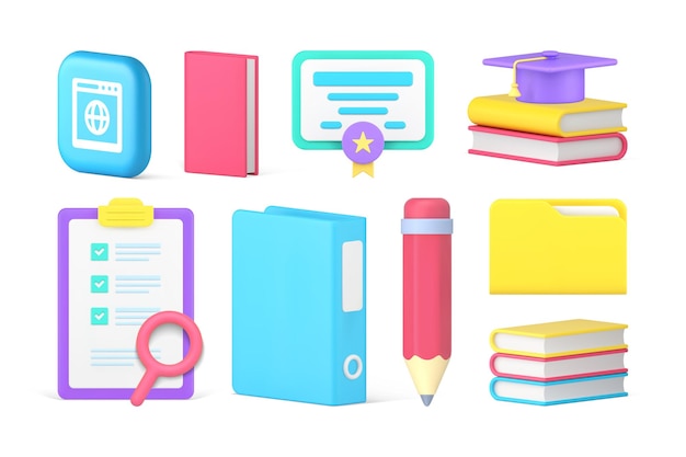 Aprendizaje educación diploma graduación búsqueda conocimiento información conjunto 3d icono vector