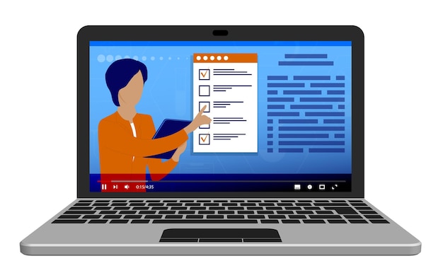 Aprendizaje de educación en línea El maestro imparte lecciones en línea desde una computadora portátil Explica el material didáctico El estudiante toma el examen usando la lista de verificación del teléfono inteligente en Internet Vector