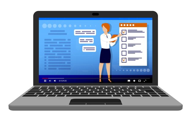 Aprendizaje de educación en línea El maestro imparte lecciones en línea desde una computadora portátil Explica el material didáctico El estudiante toma el examen usando una lista de verificación desde un teléfono inteligente o una computadora portátil Vector