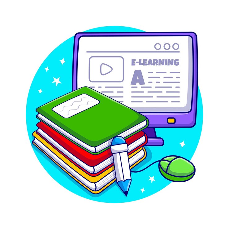 Vector aprendizaje de educación en línea con mano de color dibujada de libro de monitor e ilustración de lápiz