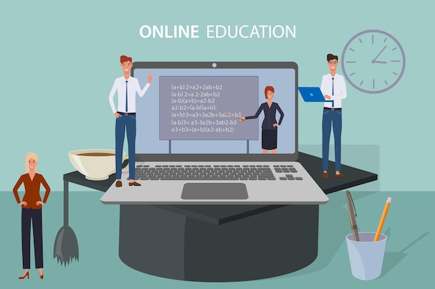 Aprendizaje electrónico de educación en línea El maestro lleva a cabo la lección en una pantalla de computadora portátil con un límite académico