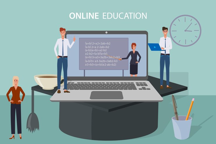 Vector aprendizaje electrónico de educación en línea el maestro lleva a cabo la lección en una pantalla de computadora portátil con un límite académico