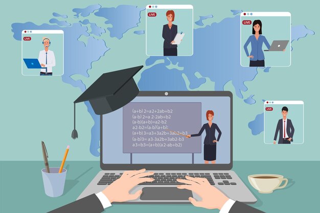 Aprendizaje electrónico de educación en línea El maestro lleva a cabo la lección en la pantalla del portátil en modo en línea