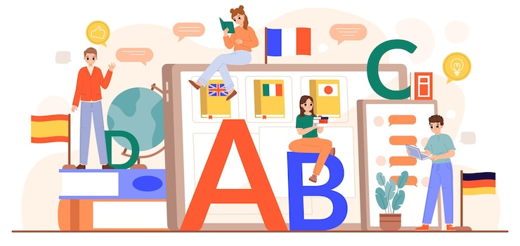 Vector aprendizaje electrónico en línea de idiomas lecciones en video o traductor los estudiantes se preparan para los exámenes aprenden una lengua extranjera en eclass concepto vectorial cómodo