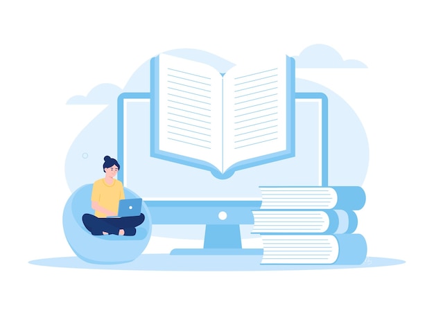 Aprendizaje de estudiantes a través de una computadora portátil elearning concepto de tendencia ilustración plana