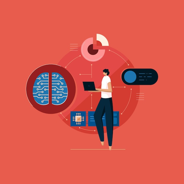 Aprendizaje de inteligencia artificial con cerebro digital y programador de circuitos que trabaja en big data con una computadora portátil
