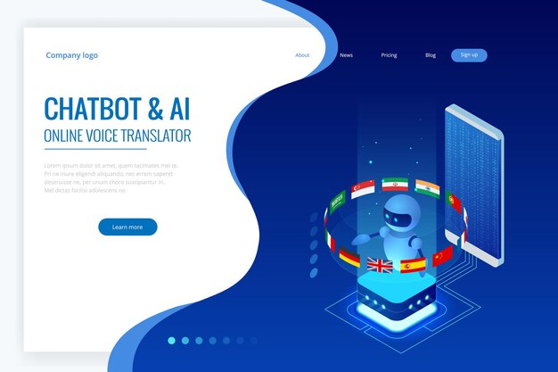 Aprendizaje isométrico de idiomas en línea con inteligencia artificial o concepto de bot de profesor de ciencias. Estilo de vida de la escuela de idiomas en línea. Concepto de educación.
