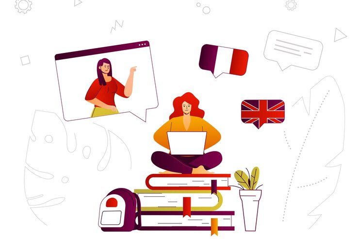 Vector aprendizaje en línea concepto web estudiante que estudia idiomas en cursos de video de forma remota