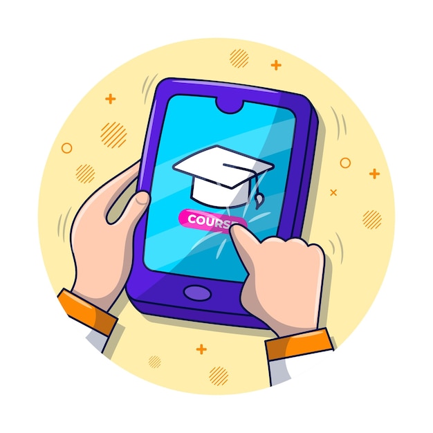 Aprendizaje en línea con teléfono inteligente, ilustración de dibujos animados educativos dibujados a mano