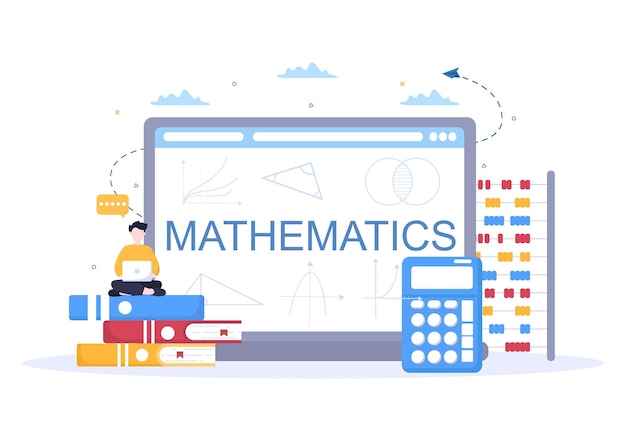 Aprendizaje de matemáticas de la educación y el conocimiento de fondo ilustración vectorial de dibujos animados. Ciencia, Tecnología, Ingeniería, Fórmula o Matemáticas Básicas