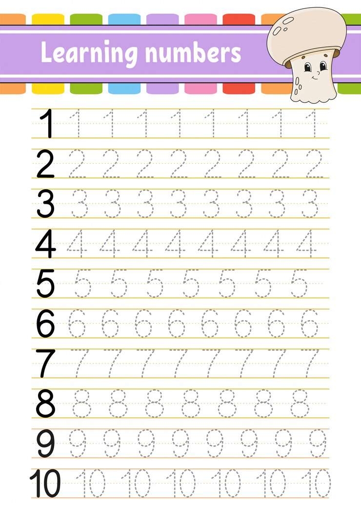 Vector aprendizaje de números para niños. práctica de escritura a mano. hoja de trabajo de desarrollo educativo. página de actividades.