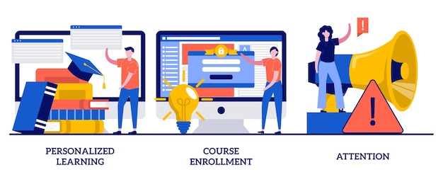 Aprendizaje personalizado, matrícula de cursos, concepto de atención con personas diminutas. conjunto de ilustración abstracta de plan de estudio flexible. solicitar programa de grado, nuevo estudiante, metáfora de concentración.