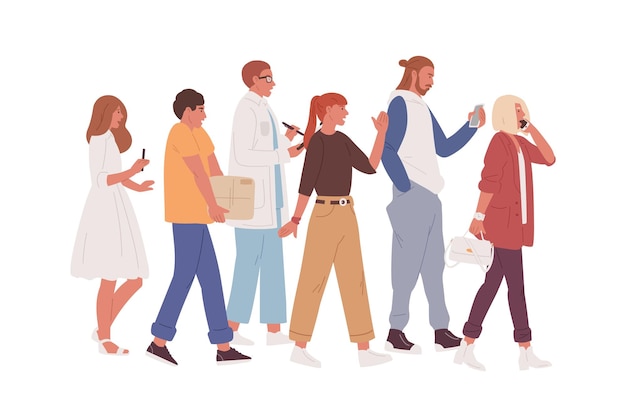 Apresurando a la gente ocupada caminando con prisa y hablando por teléfono, tomando notas y trabajando en movimiento. Estilo de vida moderno y rápido. Ilustración de vector plano colorido aislado sobre fondo blanco.