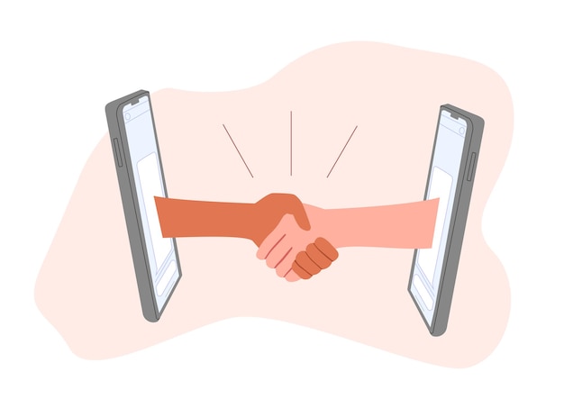 Apretamiento de manos a través del concepto de pantalla de teléfono inteligente Saludo en Internet Amistad en redes sociales y mensajeros Comunicación e interacción a distancia Ilustración de vector plano de dibujos animados