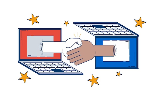 Un apretón de mano virtual que conecta dos portátiles con un concepto de ilustración de garabateo