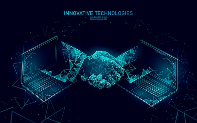 Apretón de manos de empresario 3D de tecnología de Internet. Concepto de contrato de acuerdo de finanzas empresariales. Red web de éxito low poly