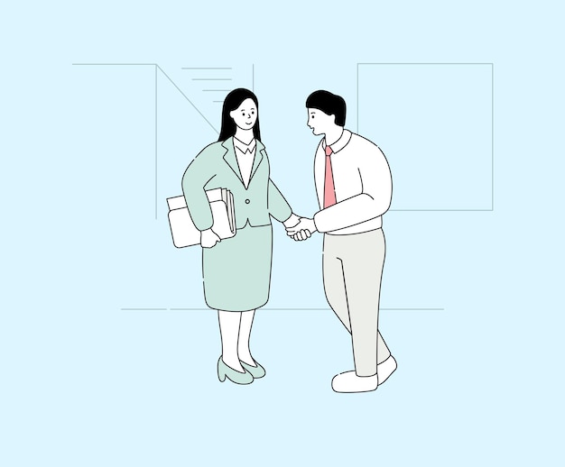 Apretón de manos hombre de negocios y mujer ilustración conjunto sonrisa acción de oficina dibujo vectorial dibujado a mano