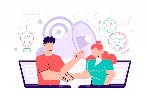 Apretón de manos de hombres de negocios de computadoras portátiles y megáfono. Colaboración y comunicación, concepto de negocio corporativo y cooperativo sobre fondo blanco. Ilustración aislada violeta vibrante brillante