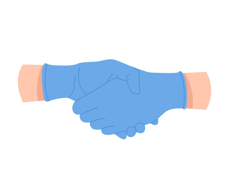 Vector el apretón de manos de los médicos las enfermeras con guantes estériles azules se estrechan las manos