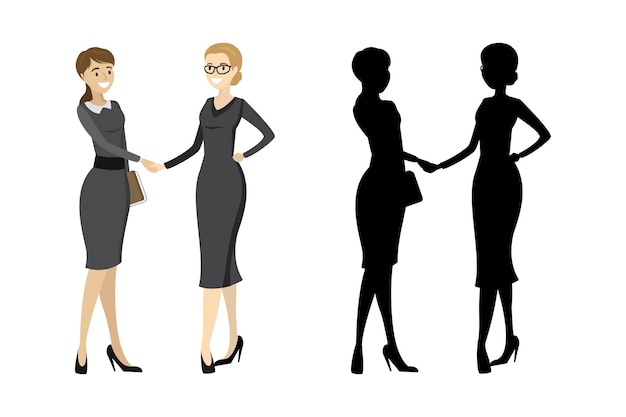 Apretón de manos de mujer de negocios con silueta aislada en la ilustración de vector de dibujos animados de fondo blanco