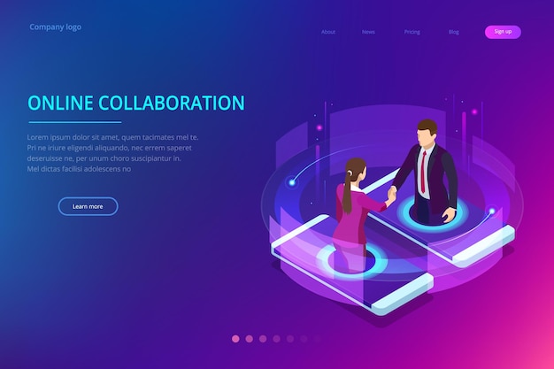 Apretón de manos de negocios isométrico colaboración global en línea colaboración en equipo red social y concepto de cazatalentos Página de inicio de plantilla