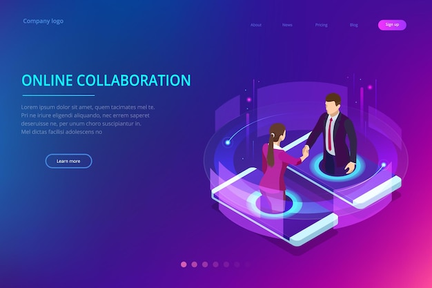 Apretón de manos de negocios isométrico colaboración global en línea colaboración en equipo red social y concepto de cazatalentos página de inicio de plantilla