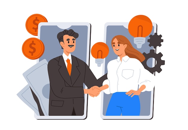 Apretón de manos y relación comercial Hombre y mujer se estrechan la mano en la pantalla de un teléfono inteligente Colaboración y asociación de cooperación Ilustración vectorial plana