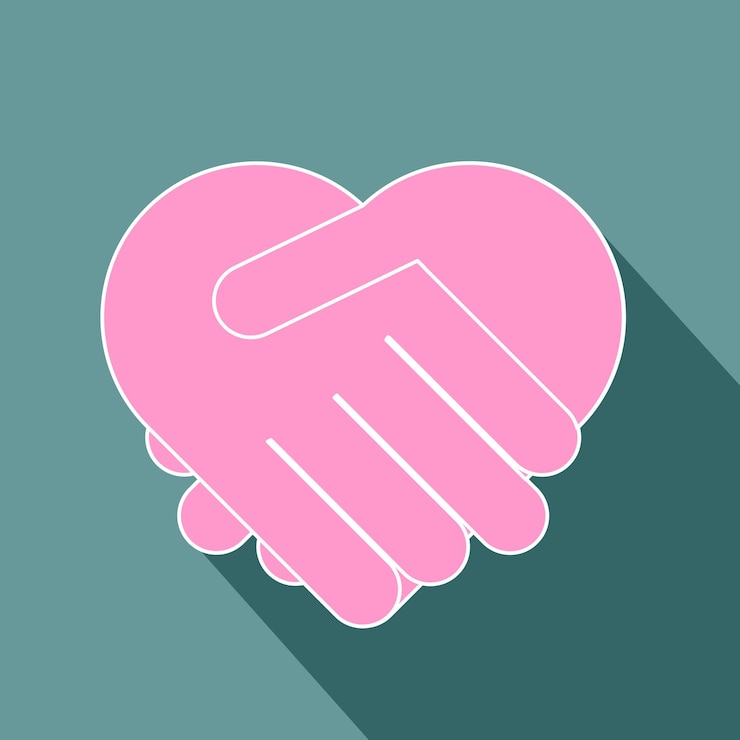Vector un apretón de manos rosa con una larga sombra sobre un fondo azul.