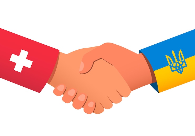Vector apretón de manos entre suiza y ucrania como símbolo de relaciones financieras o políticas y asistencia ilustración vectorial eps 10
