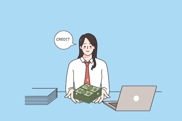 Aprobación de crédito y concepto de finanzas Trabajadora bancaria sonriente sentada en una laptop y dando crédito de dinero al cliente mirando la ilustración del vector de la cámara