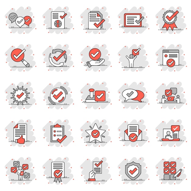 Aprobar conjunto de iconos en estilo cómico Ilustración de vector de dibujos animados de marca de verificación sobre fondo blanco aislado Concepto de negocio de efecto de salpicadura aceptado de garrapata