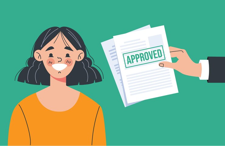Vector aprobar documentos sello papel formulario de solicitud trabajo concepto de elemento de diseño gráfico plano vectorial