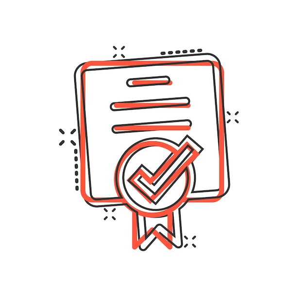 Aprobar icono de certificado en estilo cómic Ilustración de vector de dibujos animados de marca de verificación de documento sobre fondo blanco aislado Concepto de negocio de efecto de salpicadura de elección de aprobación