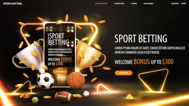 Apuestas deportivas, pancarta negra y dorada con teléfono inteligente con copas de campeón, balones deportivos y monedas de oro que caen en escena negra con marco de triángulo de neón en escena con triángulos de oro de neón alrededor