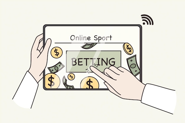 Apuestas online y concepto de ganar dinero. juego de deportes. Manos humanas presionando el botón de apuestas en línea en la pantalla de la tableta para obtener ganancias ilustración vectorial