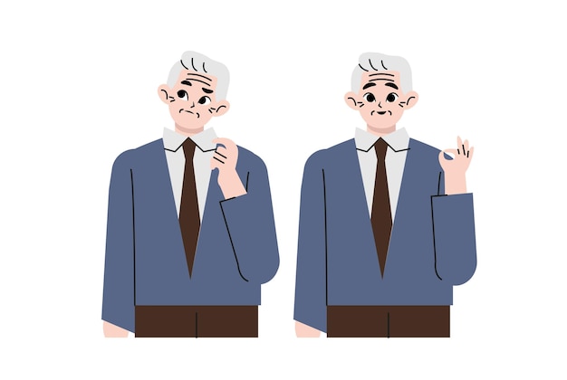 Un apuesto anciano con ropa de traje pensando mirando hacia otro lado y haciendo una idea apuntando hacia arriba. Ilustración vectorial